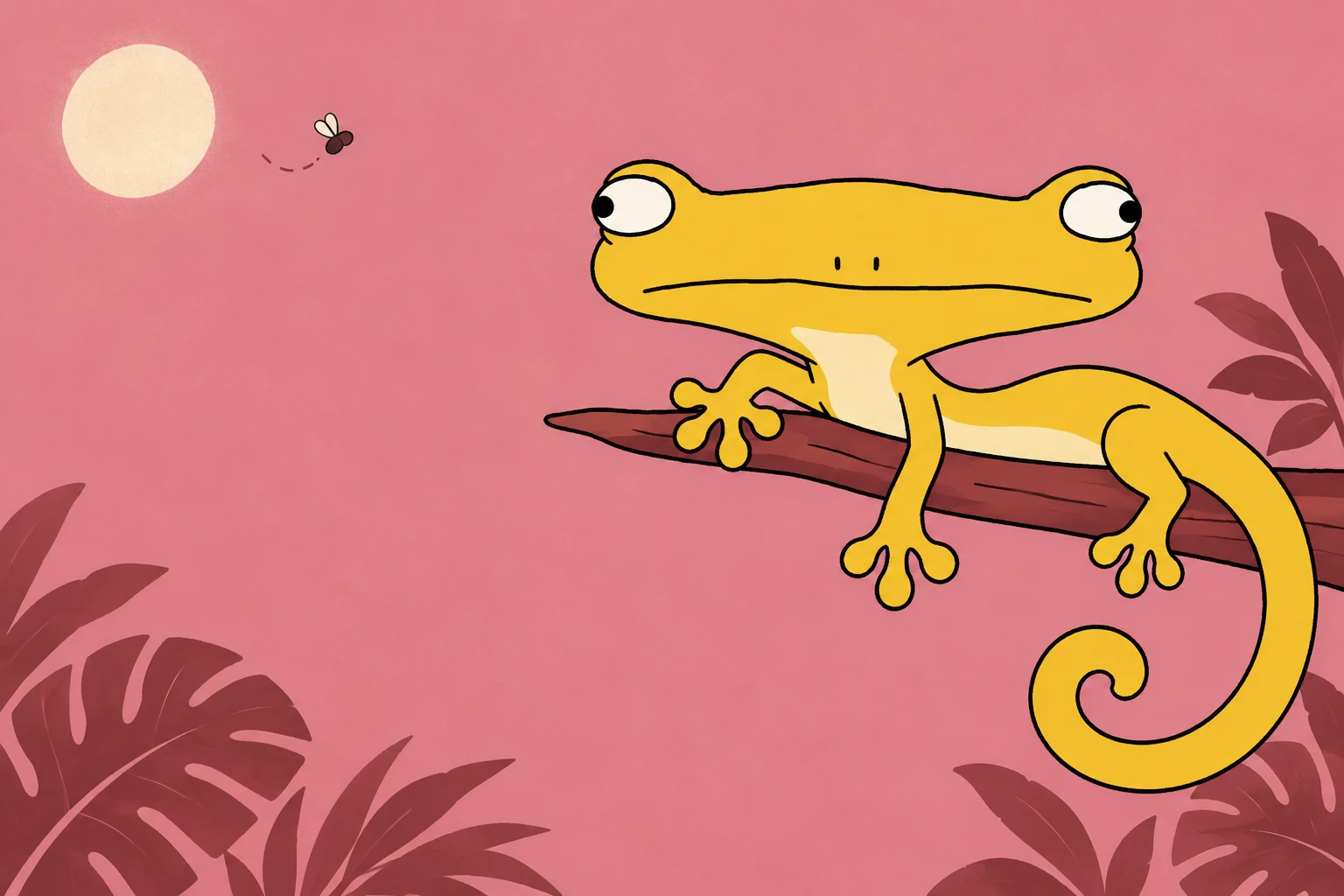 GEK lounging on a branch in a pink tropical garden